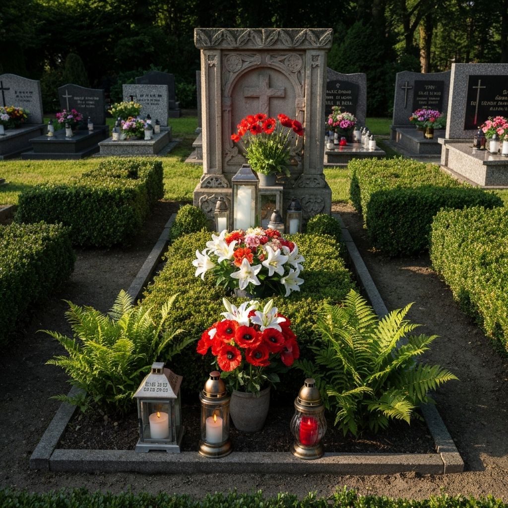 Zadbany grób z kwiatami i zniczami